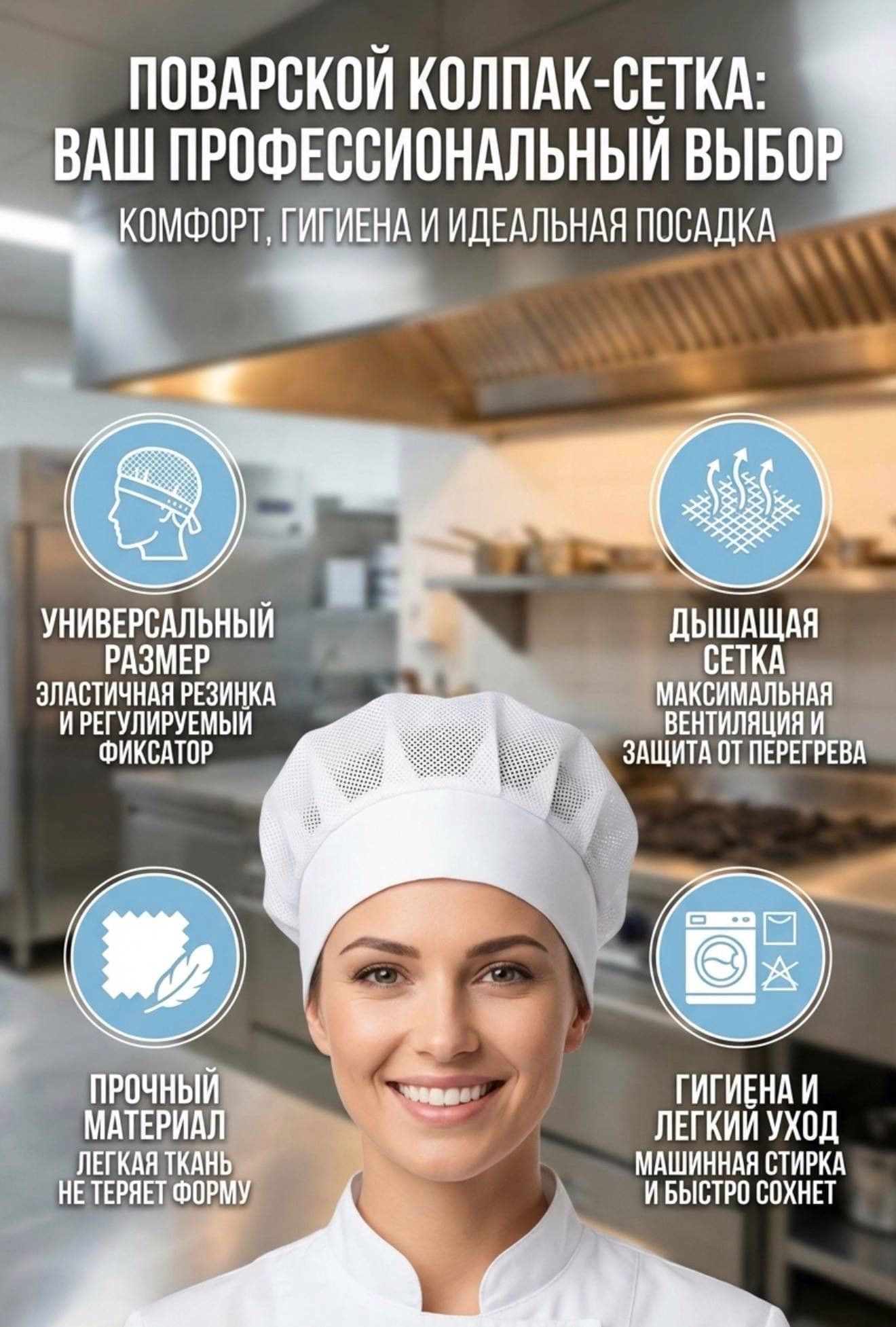Шапка универсальная в сетку. Поварской Колпак