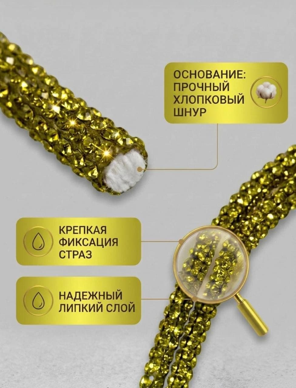 Стразовый шнур 50м лимонно-желтый
