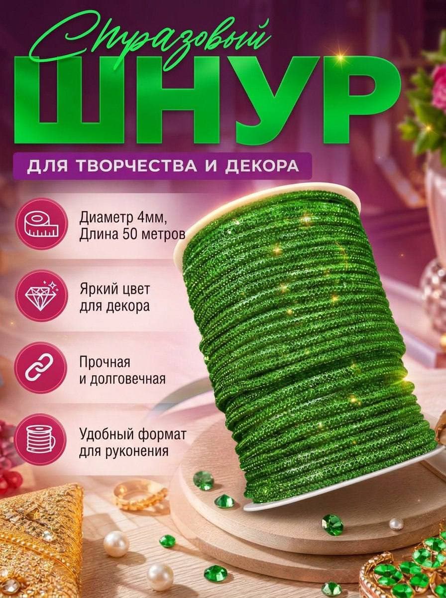 Стразовый шнур 50м светло-зеленый