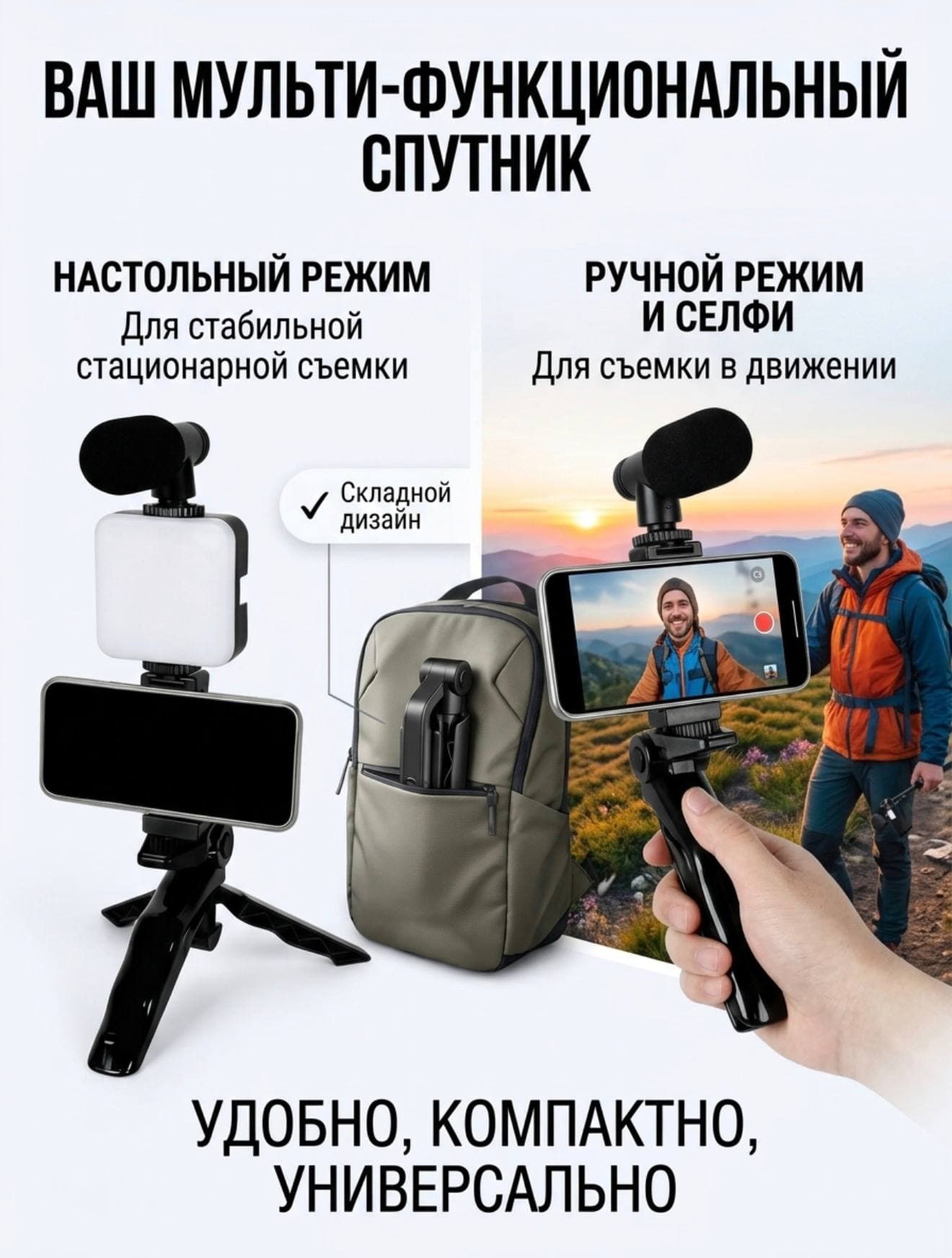 Стабилизатор для телефона+ подстветка и микрофон для смартфон