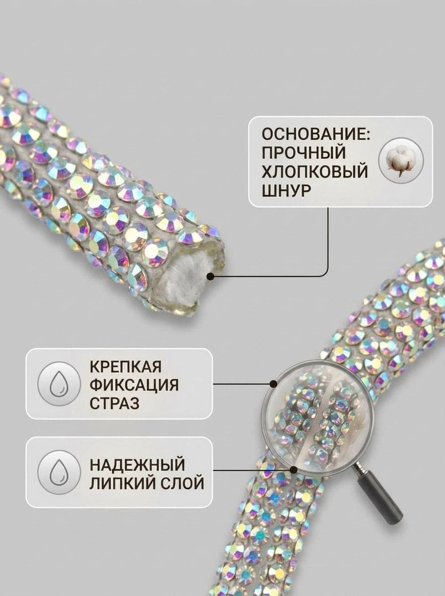 Стразовый шнур 50м серебряный хамелеон