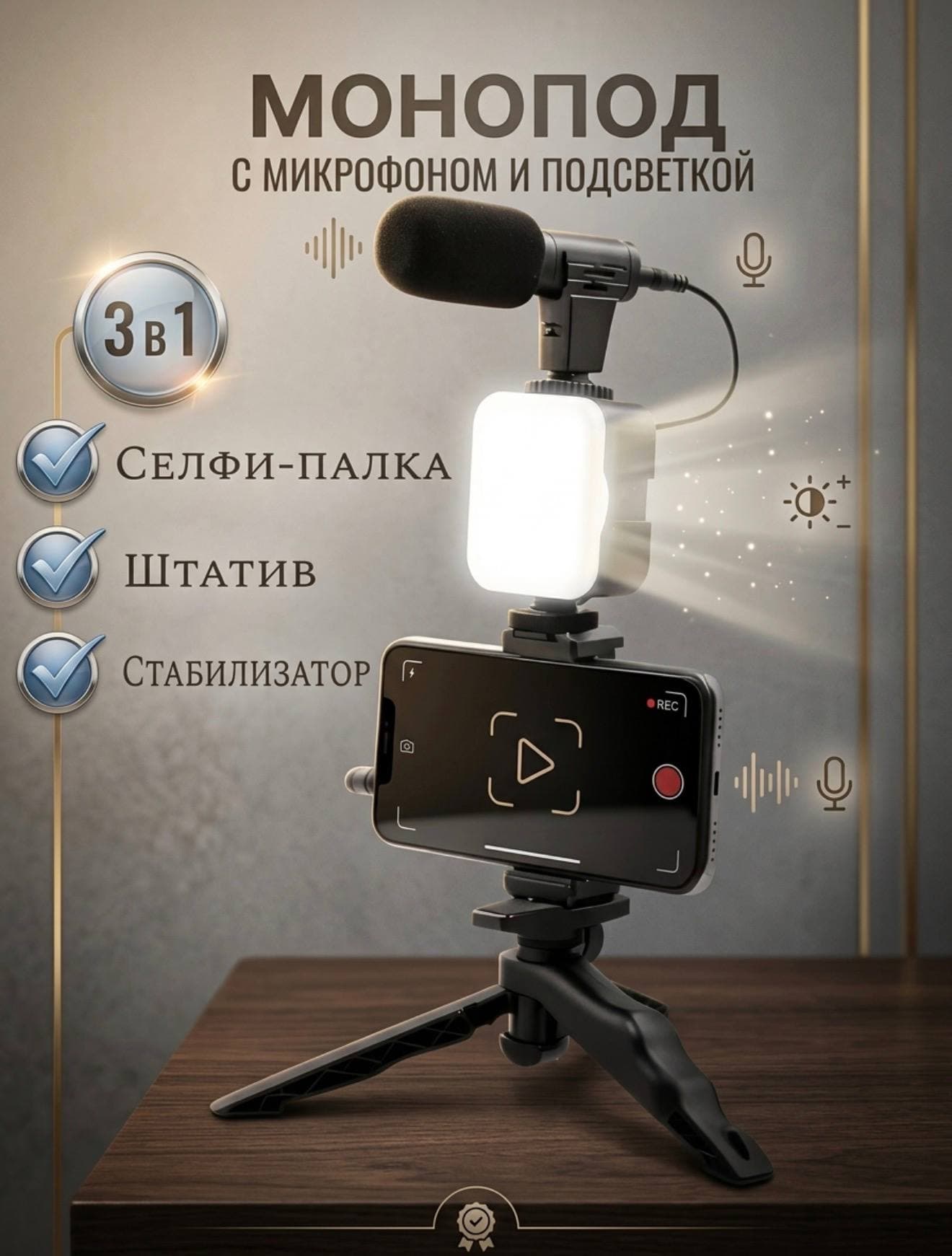 Стабилизатор для телефона+ подстветка и микрофон для смартфон
